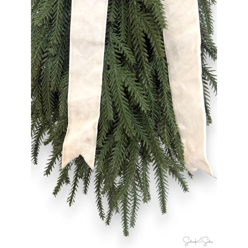My Texas House Natural Feel Norfolk Christmas Swag Cream Velvet Bow 28